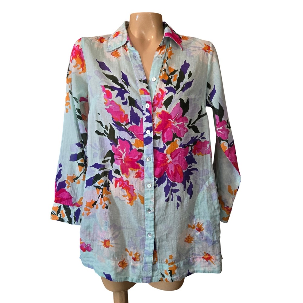 Soft Surroundings‎ Light Mint Sheer Floral Print Button Down Shirt Tunic PXSmall